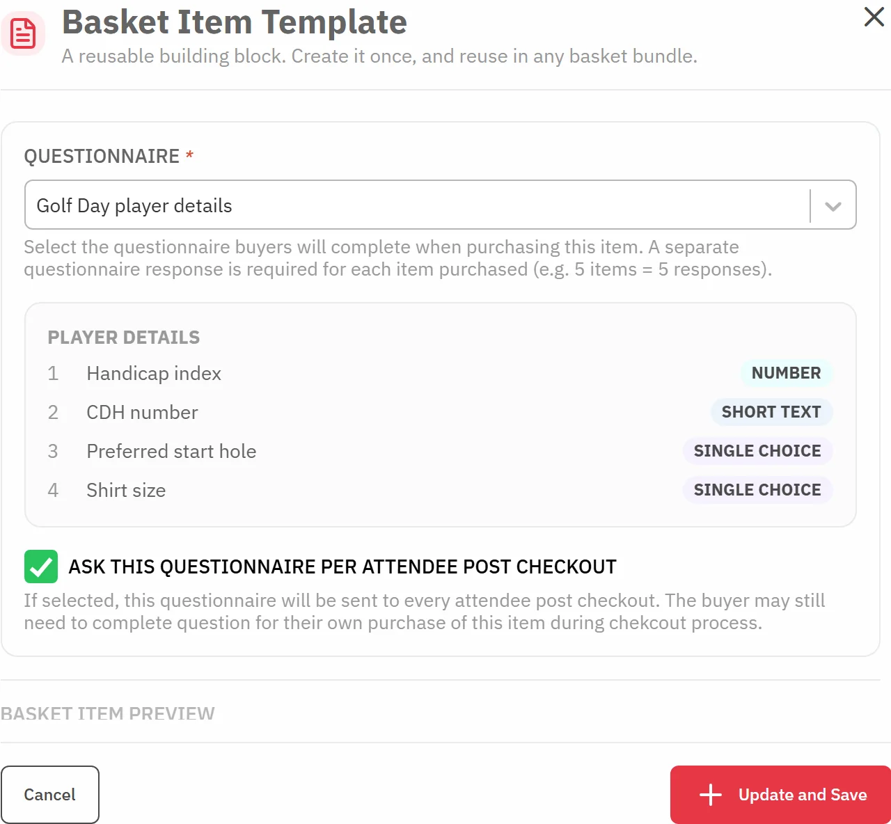 The basket item form with the Golf Day player details questionnaire linked: handicap index, CDH number, preferred start hole and shirt size, and the option to ask it of every player after checkout ticked.